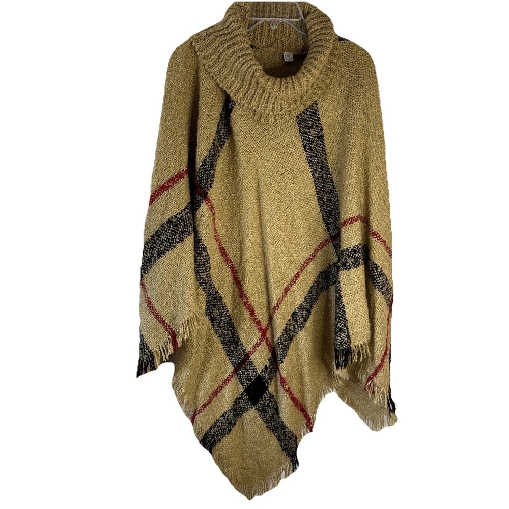Turtleneck Blanket Poncho Cape Shawl Plaid Fringe Beige‎ Black Red Onesize
